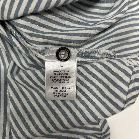 Westport Women Button Up Shirt Top Gray Striped Metallic Embroidered Floral Sz L - Picture 6 of 7